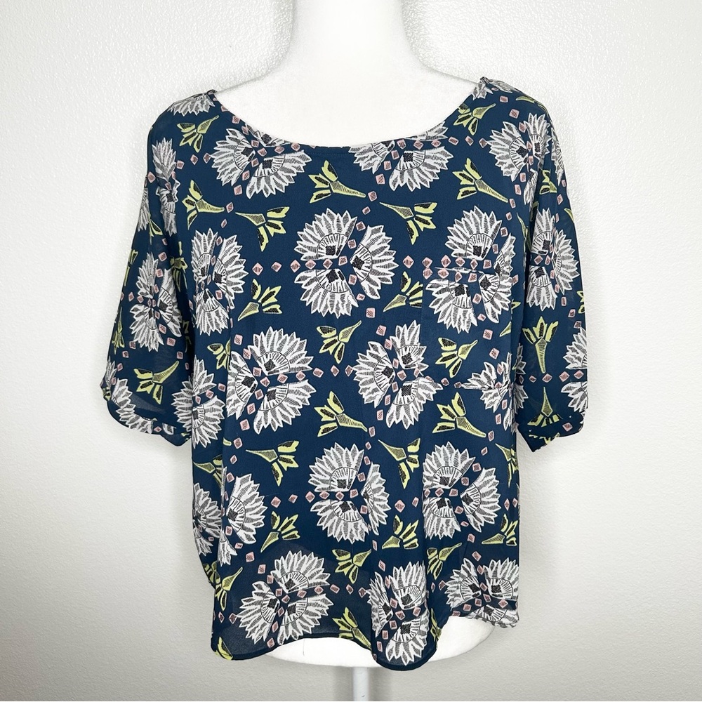 Meadow Rue Anthropologie Womens Blue Patterned Oversized Short Sleeve Top Size L